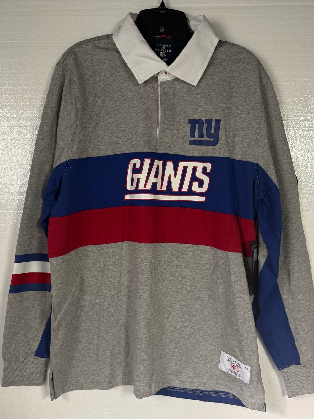 Tommy Hilfiger New York Giants Shirt Men Size L Gray Rugby Long Sleeve Polo NFL